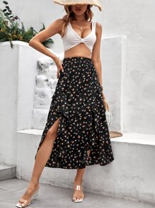 SHEIN VCAY Ditsy Floral Print Asymmetrical Ruffle Hem Skirt - Black - View 5