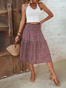 SHEIN Holidaya Falda con estampado floral bajo con fruncido - Burdeos - Ver 3