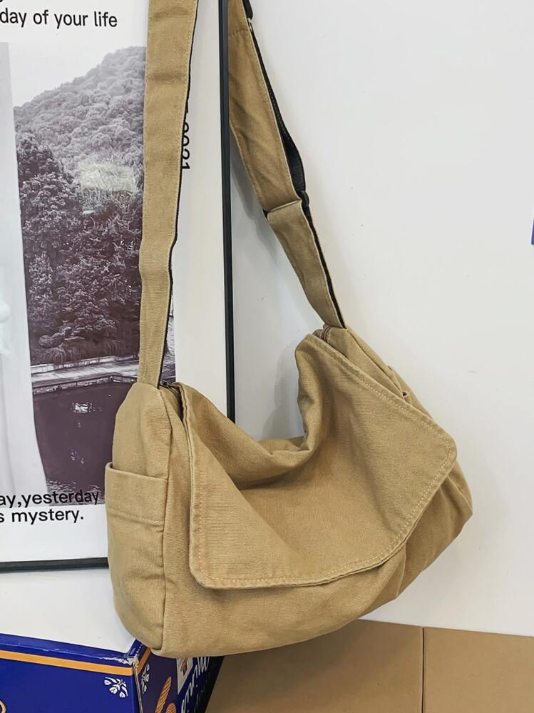 Bolsa tipo Sacola Minimalista com Aba para Homens, Bolsa Transversal Esportiva para Estudantes Universitários, Presente de Halloween, Natal, Escola e Faculdade para Homens, Bolsa Escolar, Bolsa para Estudantes, Bolsa para Livros - Caqui - Visão 1