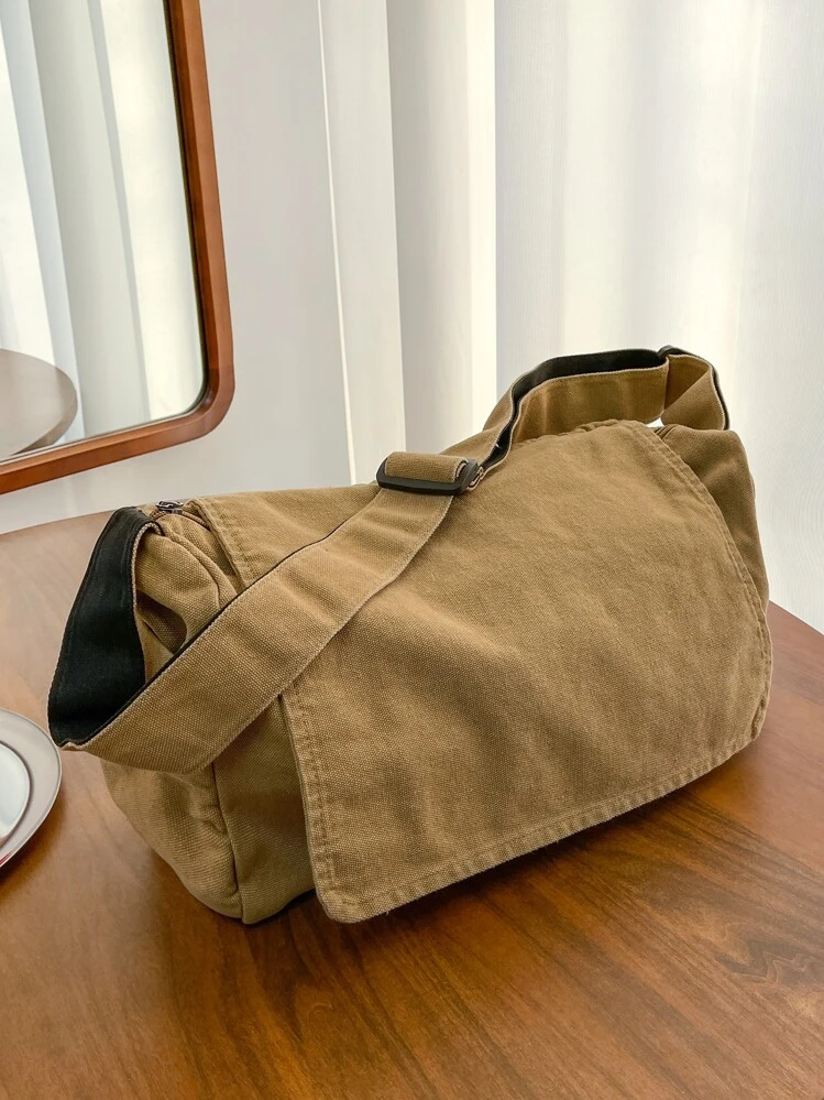 Bolsa tipo Sacola Minimalista com Aba para Homens, Bolsa Transversal Esportiva para Estudantes Universitários, Presente de Halloween, Natal, Escola e Faculdade para Homens, Bolsa Escolar, Bolsa para Estudantes, Bolsa para Livros - Caqui - Visão 6