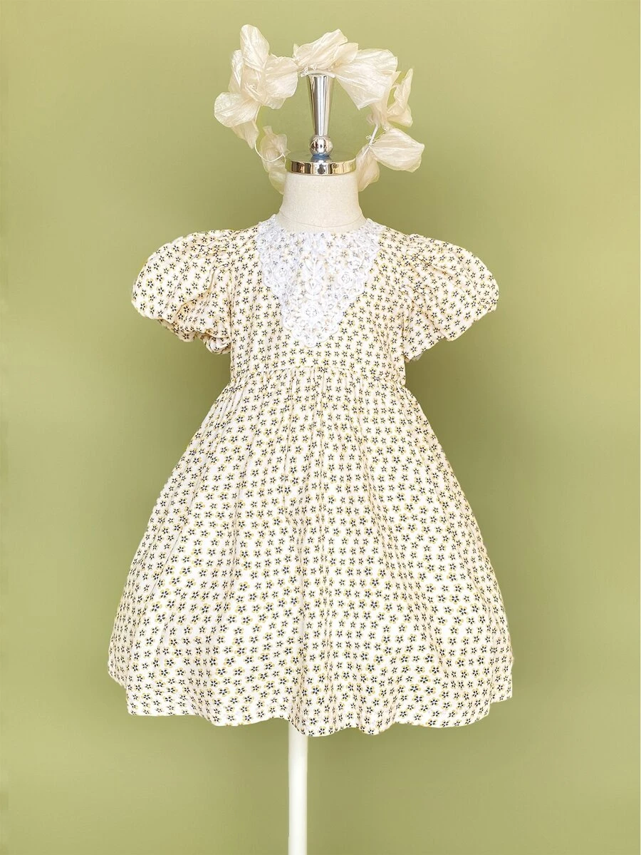 小女童碎花提花蕾絲泡泡袖洋裝