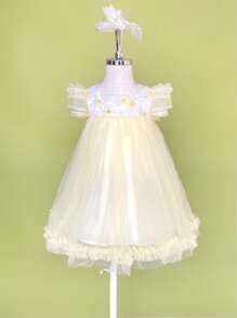 Toddler Girls Floral Embroidery Ruffle Trim Mesh Overlay Dress - Yellow - View 1