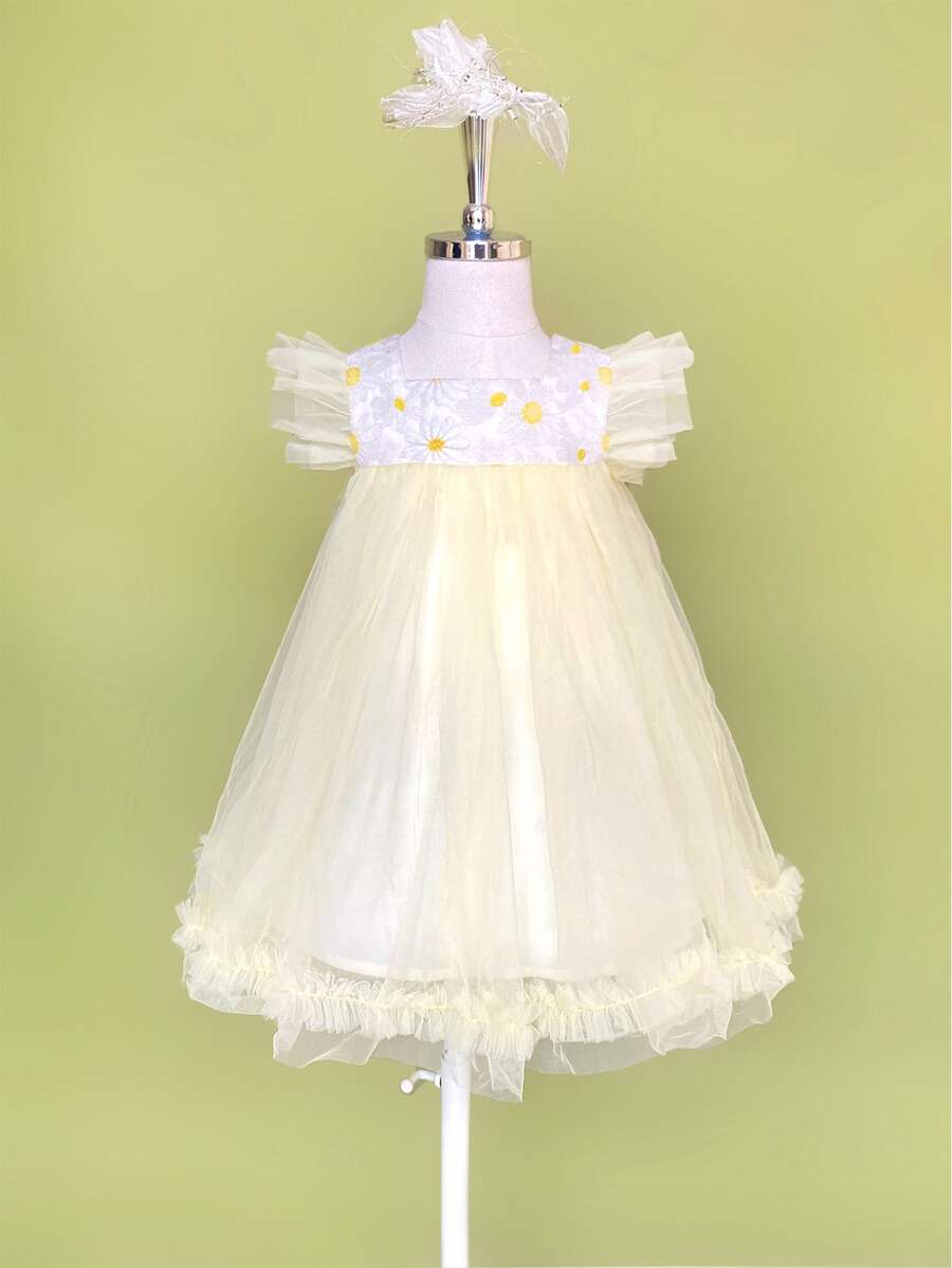 Toddler Girls Floral Embroidery Ruffle Trim Mesh Overlay Dress - Yellow - View 1