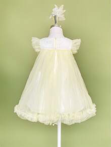 Toddler Girls Floral Embroidery Ruffle Trim Mesh Overlay Dress - Yellow - View 2