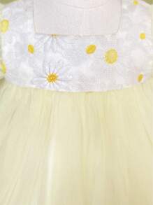 Toddler Girls Floral Embroidery Ruffle Trim Mesh Overlay Dress - Yellow - View 3