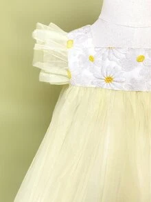 Toddler Girls Floral Embroidery Ruffle Trim Mesh Overlay Dress - Yellow - View 4