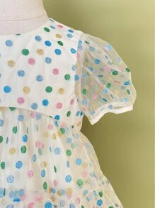 Toddler Girls Polka Dot Puff Sleeve Ruffle Hem Mesh Dress - Beige - View 3