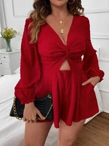 Celure Jumpsuits Plus Size Cắt ra viền lá sen xoắn lại Dây kéo màu trơn Giải trí - Đỏ - Xem 3