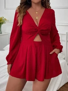 Celure Jumpsuits Plus Size Cắt ra viền lá sen xoắn lại Dây kéo màu trơn Giải trí - Đỏ - Xem 4