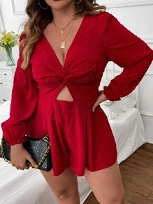 Celure Jumpsuits Plus Size Cắt ra viền lá sen xoắn lại Dây kéo màu trơn Giải trí - Đỏ - Xem 5
