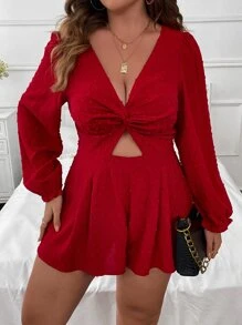 Celure Jumpsuits Plus Size Cắt ra viền lá sen xoắn lại Dây kéo màu trơn Giải trí - Đỏ - Xem 6