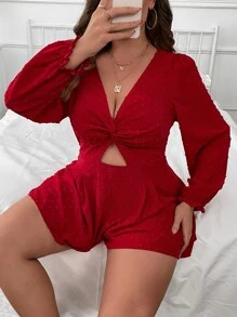 Celure Jumpsuits Plus Size Cắt ra viền lá sen xoắn lại Dây kéo màu trơn Giải trí - Đỏ - Xem 8