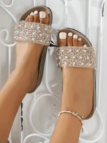 Women Rhinestone & Faux Pearls Decor Single Band Slides, Fashion Summer Slides