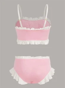 ROMWE Kawaii Contrast Lace Bow Decor Ruffle Trim Lingerie Set - Pink - View 3