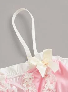 ROMWE Kawaii Contrast Lace Bow Decor Ruffle Trim Lingerie Set - Pink - View 4