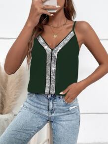 SHEIN VCAY Top de tirantes con lentejuela en contraste - Verde Oscuro - Ver 1