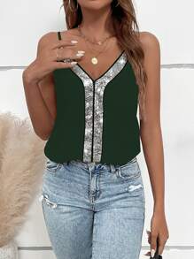 SHEIN VCAY Top de tirantes con lentejuela en contraste - Verde Oscuro - Ver 3