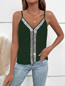 SHEIN VCAY Top de tirantes con lentejuela en contraste - Verde Oscuro - Ver 5