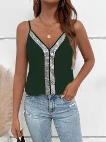 SHEIN VCAY Top de tirantes con lentejuela en contraste - Verde Oscuro - Ver 6