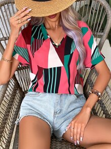 SHEIN VCAY 條紋和幾何圖案蝙蝠袖襯衫 - 彩色 - 查看 4