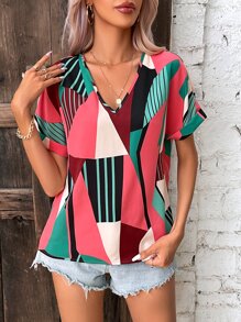 SHEIN VCAY 條紋和幾何圖案蝙蝠袖襯衫 - 彩色 - 查看 6