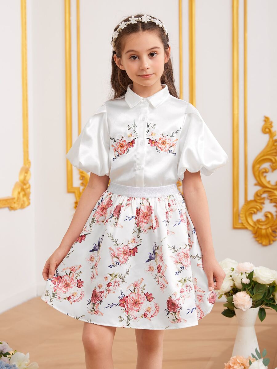 SHEIN 女孩印花泡泡袖襯衫和半身裙 - 彩色 - 查看 1