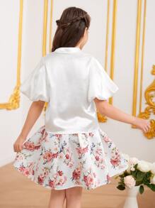 SHEIN 女孩印花泡泡袖襯衫和半身裙 - 彩色 - 查看 2