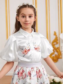 SHEIN 女孩印花泡泡袖襯衫和半身裙 - 彩色 - 查看 4