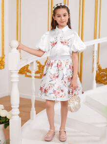 SHEIN 女孩印花泡泡袖襯衫和半身裙 - 彩色 - 查看 7