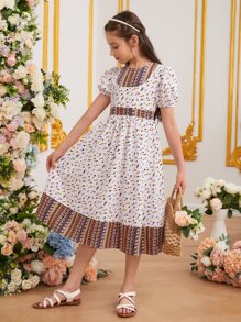 SHEIN Leap Crew 女孩碎花泡泡袖連衣裙 - 彩色 - 查看 1