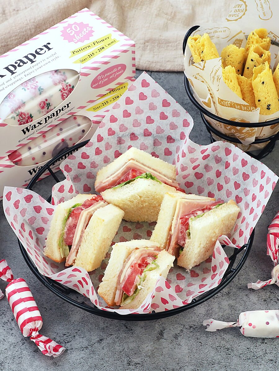 50 piezas/set Papel para hornear papel con patrón de corazón a prueba de aceite papel para hornear en la cocina - Multicolor - Ver 1