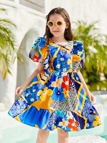 SHEIN Chicas Vestido floral con estampado de retazo ribete con fruncido de manga farol - Multicolor - Ver 3
