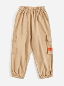 SHEIN 小男童字母補丁細節翻蓋口袋工裝褲