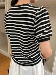 DAZY Striped Print Puff Sleeve Tee - Black and White - View 8