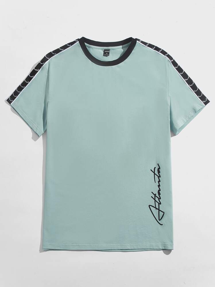 Manfinity Hombres Camiseta con estampado de letra con costura lateral en contraste - verde menta - Añade 1