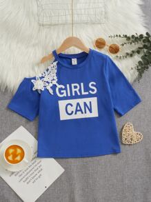 SHEIN 女孩字母圖案不對稱領貼花T恤 - 寶藍色 - 查看 1