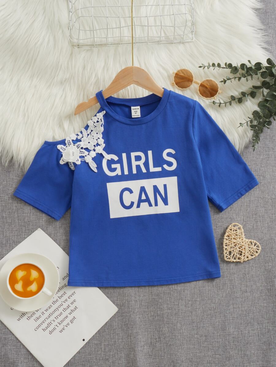 SHEIN 女孩字母圖案不對稱領貼花T恤 - 寶藍色 - 查看 1
