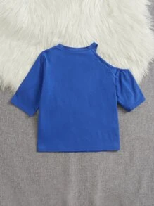 SHEIN 女孩字母圖案不對稱領貼花T恤 - 寶藍色 - 查看 2