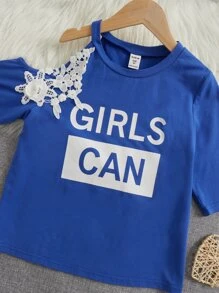 SHEIN 女孩字母圖案不對稱領貼花T恤 - 寶藍色 - 查看 4