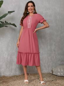 SHEIN VCAY Vestido de lunares de manga farol bajo con fruncido sin cinturón - Rosa - Ver 1