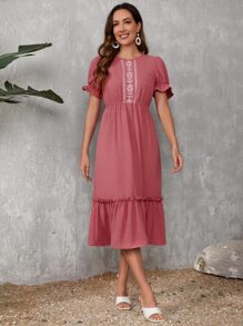 SHEIN VCAY Vestido de lunares de manga farol bajo con fruncido sin cinturón - Rosa - Ver 3