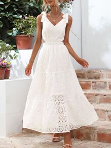 Breezaya Đầm Thắt nút Tranh thêu màu trơn Boho - trắng - Xem 1