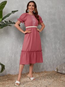 SHEIN VCAY Vestido de lunares de manga farol bajo con fruncido sin cinturón - Rosa - Ver 4
