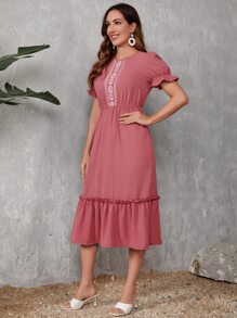 SHEIN VCAY Vestido de lunares de manga farol bajo con fruncido sin cinturón - Rosa - Ver 5