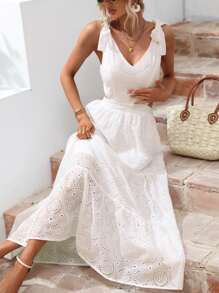 Breezaya Đầm Thắt nút Tranh thêu màu trơn Boho - trắng - Xem 5