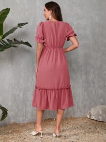SHEIN VCAY Vestido de lunares de manga farol bajo con fruncido sin cinturón - Rosa - Ver 6