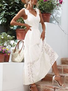 Breezaya Đầm Thắt nút Tranh thêu màu trơn Boho - trắng - Xem 6