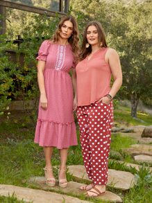 SHEIN VCAY Vestido de lunares de manga farol bajo con fruncido sin cinturón - Rosa - Ver 7