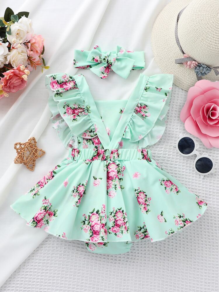 Baby Girl Allover Floral Print Ruffle Trim Combo Bodysuit Dress & Headband - Mint Green - View 2