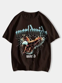 ROMWE MEN Guys Letter Eagle Graphic Tee - Chocolate Brown - View 1